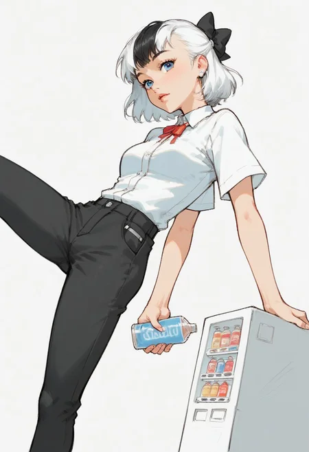 <lora:jihankiKickPony:0.7> jihanki kick, jihanki,
score_9,score_8_up,score_7_up, source_anime,
vending machine,
motion blur,
1girl,
cute face,
culm,
detailed eyes,
blue eyes,
white hair, colour hair,
leg up,
black pants,
straight angle,
looking to viewer,
BREAK,
pencil drawing, charcoal sketch, black-and-white, detailed, expressive, high-contrast shading, textured strokes, soft gradients, close-up portrait, smudged charcoal shadows, delicate crosshatching, rough edges, focused composition, dramatic lighting, alternative aesthetic, minimalist background, hand-drawn textures, traditional sketch style, artistic mood, professional rendering, paper texture