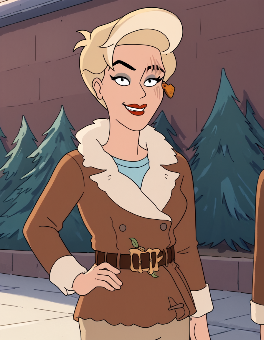 <lora:HarmonyPony1.0:1> harmony, 1girl, short hair, blue shirt, solo, scar across eye, makeup, ear tag, black eyes, coat, red lips, belt, lipstick, smile,outdoors,  score_9, score_8_up, score_7_up, score_6_up, score_5_up, score_4_up, looking at viewer, hand on own hip, cowboy shot,