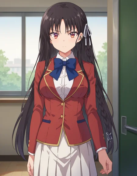 score_9, score_8_up, score_7_up, source_anime,
suzunehorikita, <lora:suzune-horikita-ponyxl-lora-nochekaiser:1>,
suzune horikita, long hair, black hair, red eyes, hair ribbon, braid,
bow, school uniform, jacket, bowtie, blue bowtie, blazer, red blazer, skirt, white skirt,
indoors, classroom, hallway,
looking at viewer, cowboy shot, dutch angle,