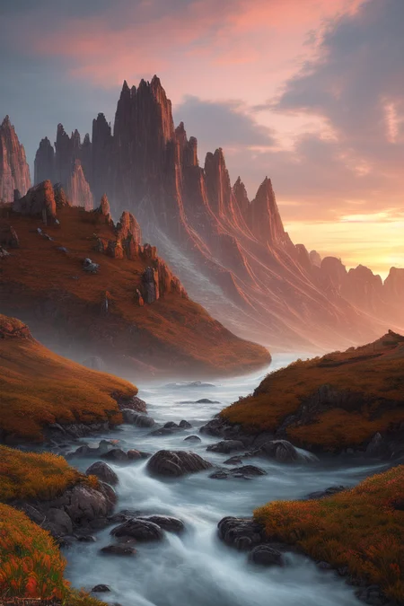 stunning sunset vista landscape photography, masterpiece, trending on cgsociety, 4k, 8k, hd, [artstation:1], concept art, highly detailed, sharp focus, [subsurface scattering:1], art by Ida Kar and Newsha Tavakolian