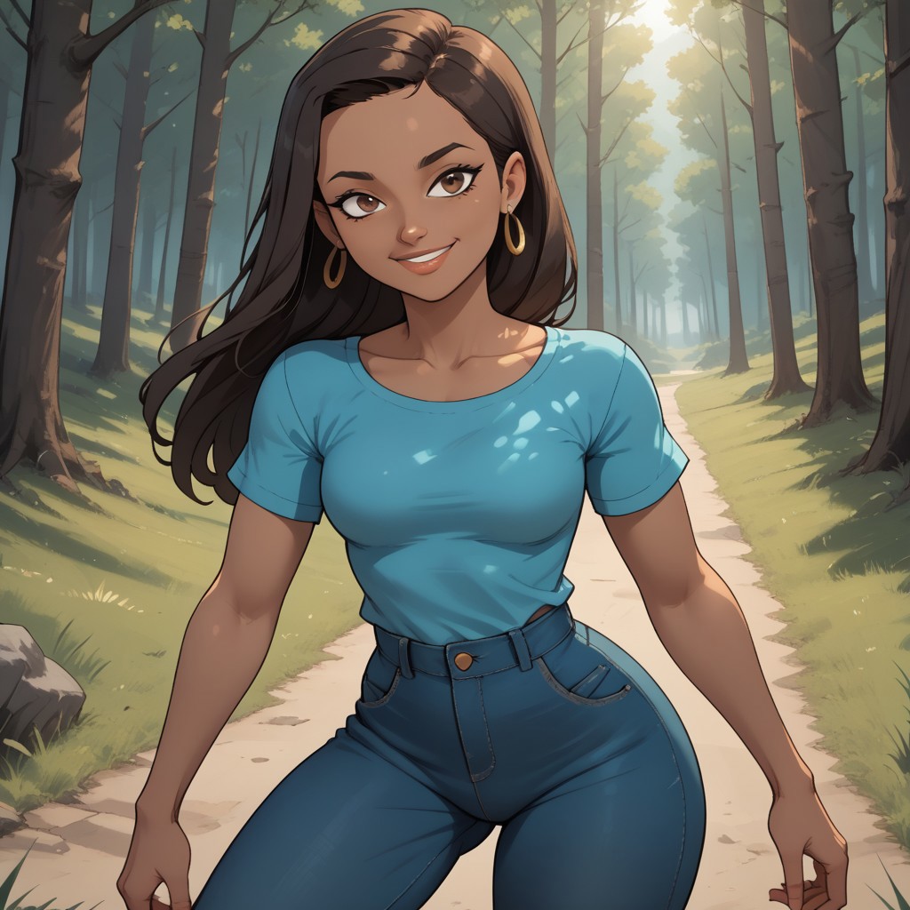 score_9, score_8, BREAK, solo, cyan shirt, 1girl, jeans, dark brown hair, hair buckle, long hair, earrings, dark skin, brown eyes, orange footwear, lips, breasts, total drama, Priya_(Total_Drama), sexy pose, self portrait, smile, outdoors, sunlight, shadows, evening lighting, natural lighting, forest, trees, grass, orange sky, sunset