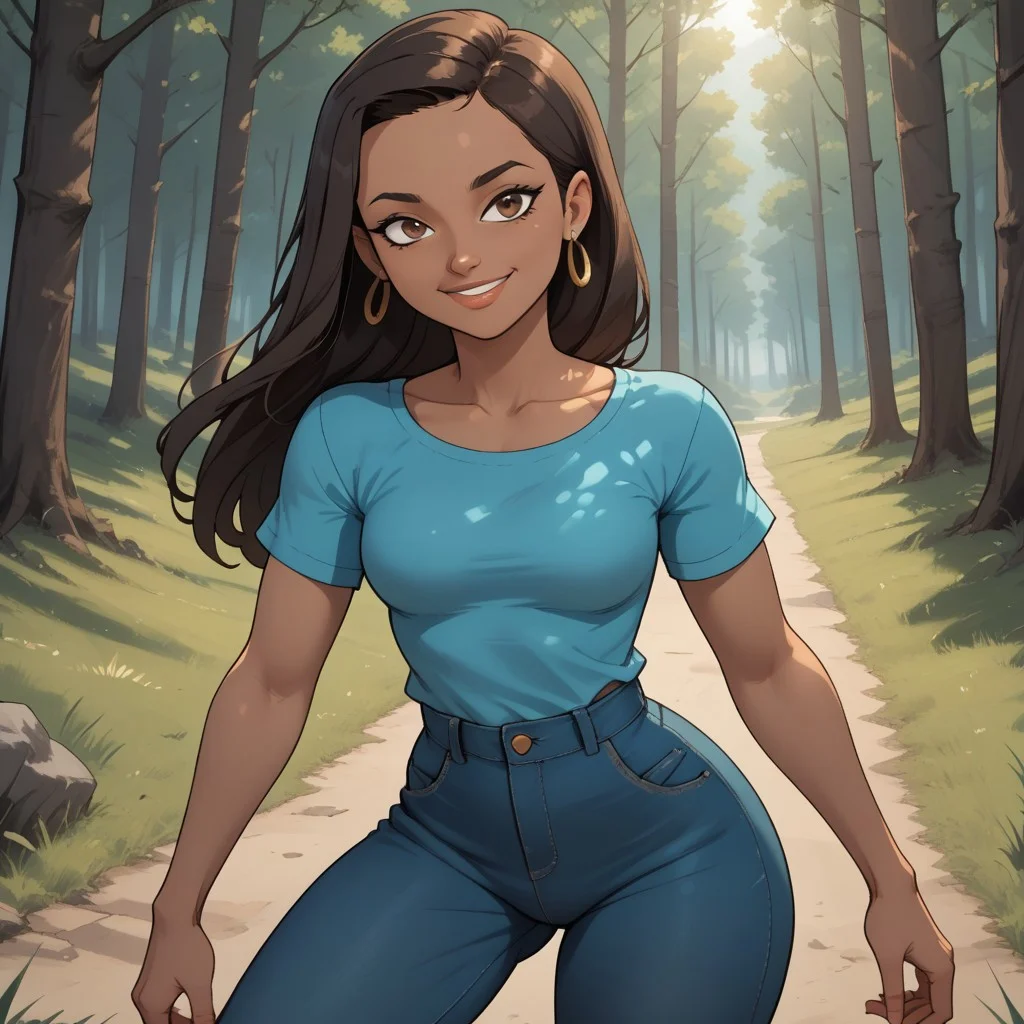score_9, score_8, BREAK, solo, cyan shirt, 1girl, jeans, dark brown hair, hair buckle, long hair, earrings, dark skin, brown eyes, orange footwear, lips, breasts, total drama, Priya_(Total_Drama), sexy pose, self portrait, smile, outdoors, sunlight, shadows, evening lighting, natural lighting, forest, trees, grass, orange sky, sunset