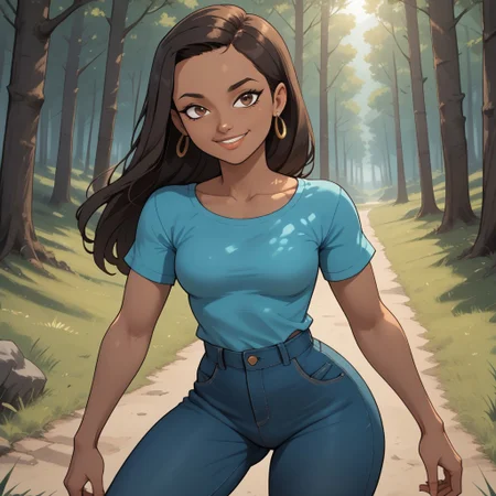 score_9, score_8, BREAK, solo, cyan shirt, 1girl, jeans, dark brown hair, hair buckle, long hair, earrings, dark skin, brown eyes, orange footwear, lips, breasts, total drama, Priya_(Total_Drama), sexy pose, self portrait, smile, outdoors, sunlight, shadows, evening lighting, natural lighting, forest, trees, grass, orange sky, sunset