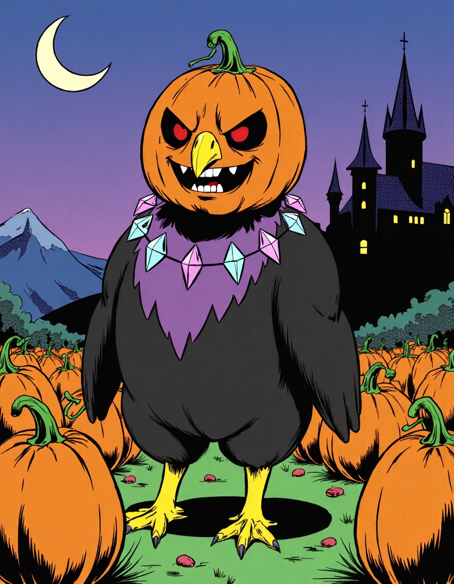 Cartoon_Style_Final, This image is a digital drawing in the style of mid-20th century American comic books with a Final Fantasy influence. The focus is on a Chocobo, the iconic bird from the series, dressed in a playful Halloween costume. The Chocobo wears a jack-o’-lantern helmet over its head, with the glowing orange pumpkin carved into a mischievous grin. Its feathers are dyed black and purple, giving it a spooky, spectral appearance, and around its neck is a necklace of glowing magical crystals. It stands in a field of pumpkins, with a dark castle looming in the background under a crescent moon. The comic art style is clean and bold, with exaggerated features and solid colors, capturing the fun, whimsical side of Halloween through the lens of Final Fantasy’s fantasy world.