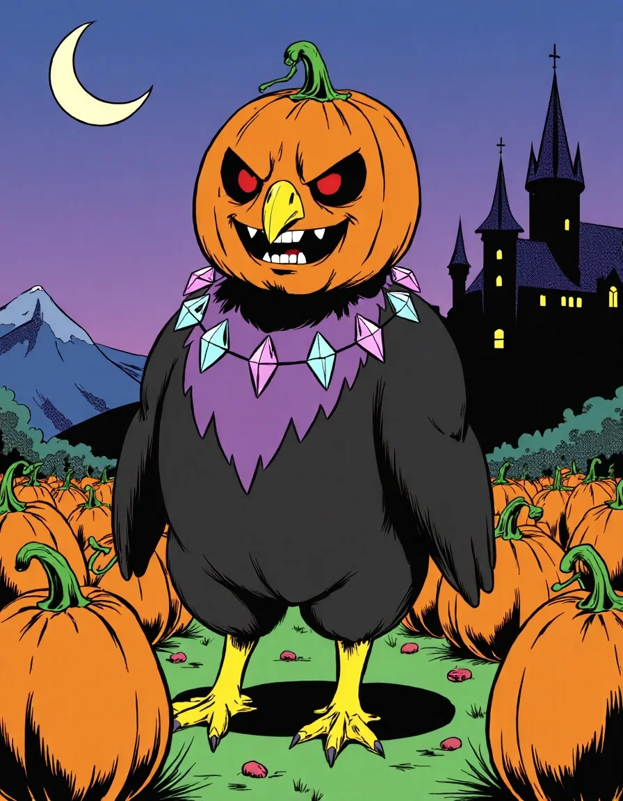 Cartoon_Style_Final, This image is a digital drawing in the style of mid-20th century American comic books with a Final Fantasy influence. The focus is on a Chocobo, the iconic bird from the series, dressed in a playful Halloween costume. The Chocobo wears a jack-o’-lantern helmet over its head, with the glowing orange pumpkin carved into a mischievous grin. Its feathers are dyed black and purple, giving it a spooky, spectral appearance, and around its neck is a necklace of glowing magical crystals. It stands in a field of pumpkins, with a dark castle looming in the background under a crescent moon. The comic art style is clean and bold, with exaggerated features and solid colors, capturing the fun, whimsical side of Halloween through the lens of Final Fantasy’s fantasy world.