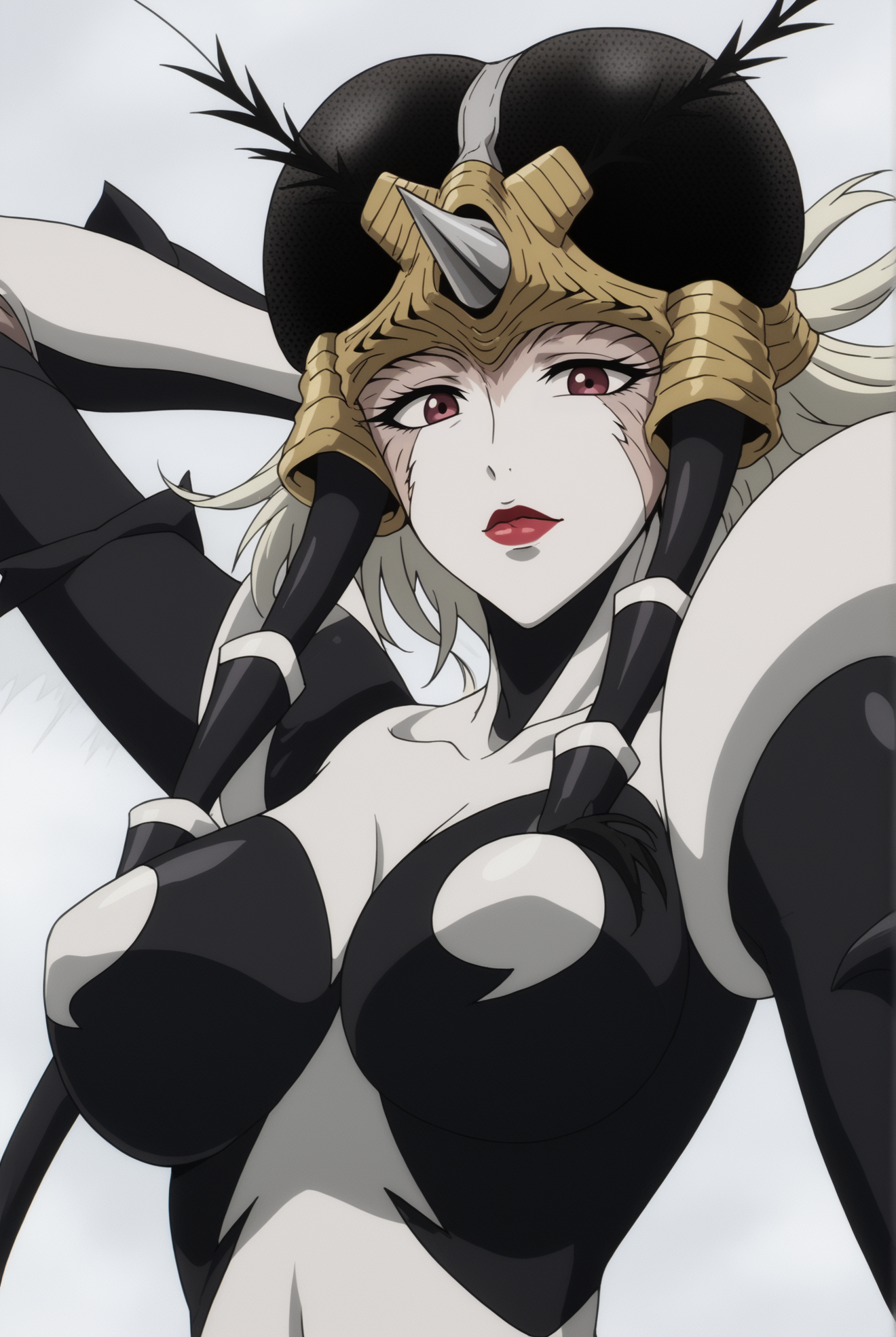 <lora:Mosquito_Girl:0.8>, white background, Mosquito Girl, 1girl, solo, breasts, looking at viewer, upper body, horns, lipstick, spikes