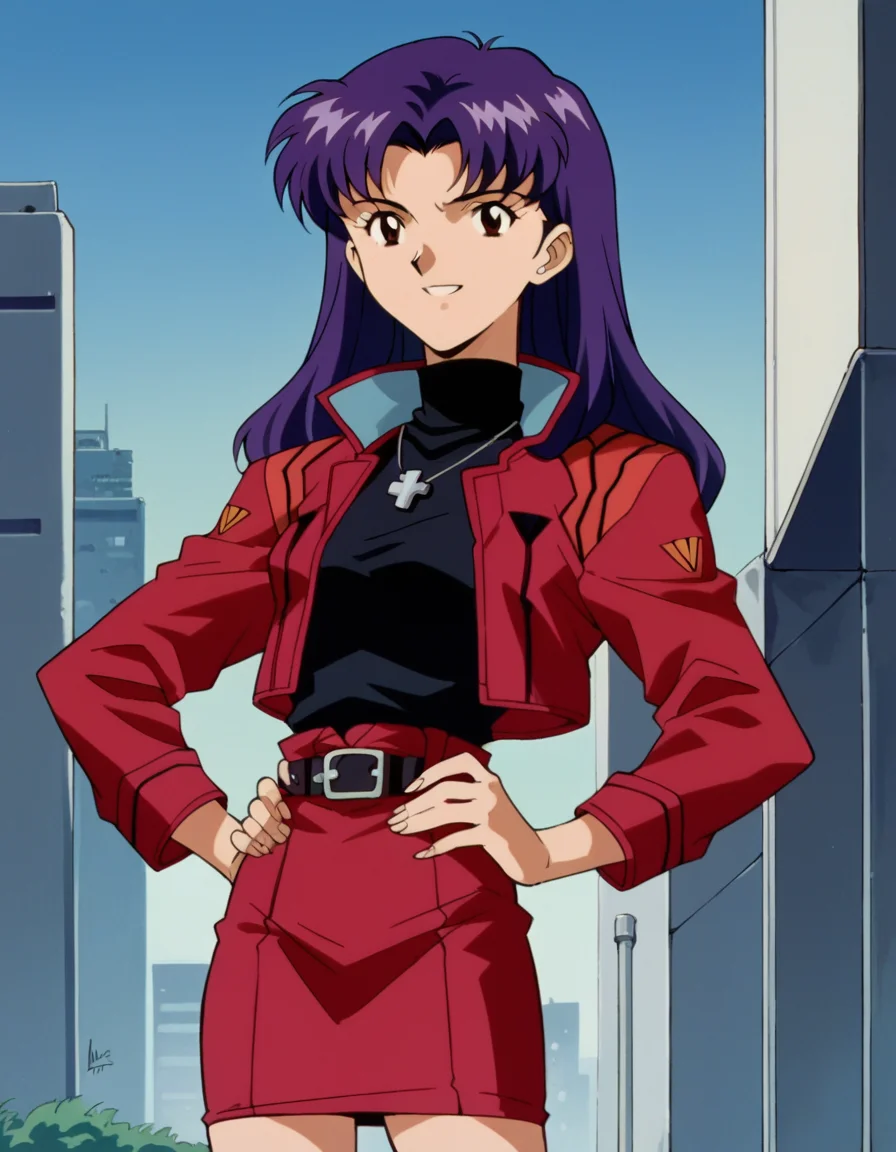 score_9, score_8_up, score_7_up, source_anime,
misatokatsuragi, <lora:misato-katsuragi-classic-ponyxl-lora-nochekaiser:1>,
misato katsuragi, long hair, brown eyes, purple hair, parted bangs,
skirt, jewelry, jacket, belt, necklace, uniform, cross, red jacket, pencil skirt, cross necklace, red skirt, black shirt, turtleneck, cropped jacket,
outdoors, cityscape, hands on hips, smile,
cowboy shot, looking at viewer, solo, dutch angle,