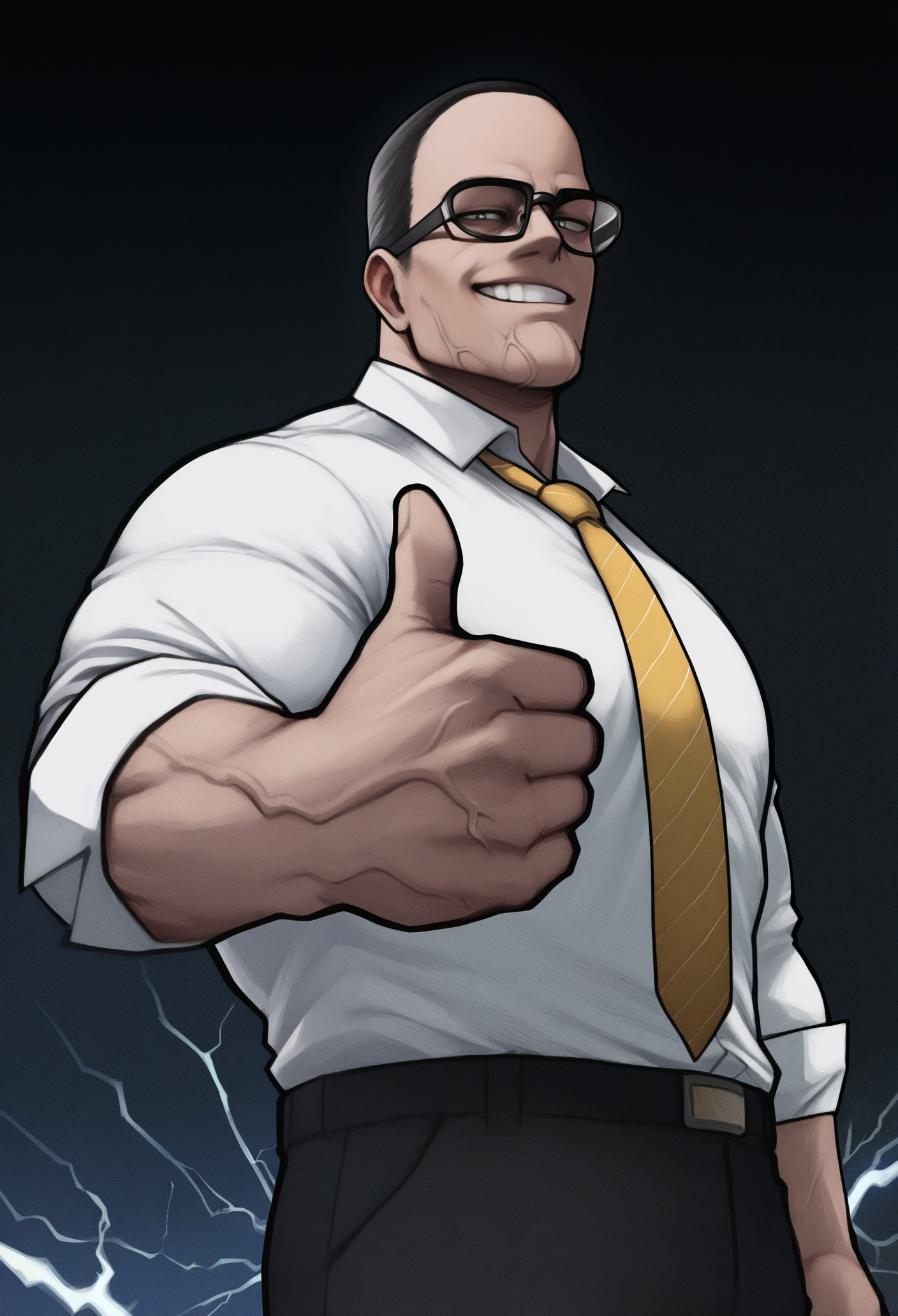 1boy, male focus, solo, dark background, lightning, glowing, looking at viewer, grin, abstract, foreshortening, american flag, thumbs up, 
grey eyes, buzz cut, black hair, very short hair, manly, double chin, veins, black-framed eyewear, white shirt, yellow necktie, black pants, 
masterpiece, best quality, <lora:Kohei_Horikoshi-IllustriousV102-guy90:1>, ihshok, <lora:Senator-Armstrong-NoobAi-1.1_V1-Manityro-CAME:1>