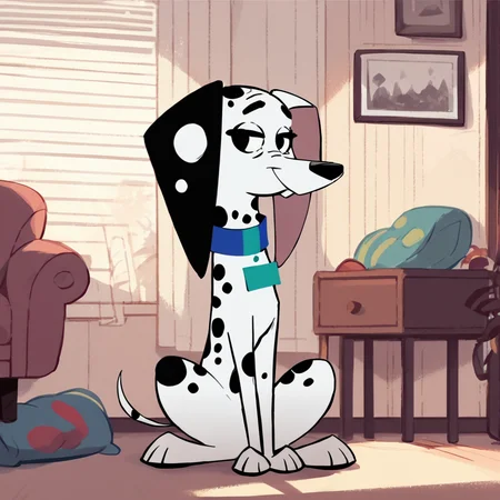 score_9, score_8_up, score_7_up, score_6_up, score_5_up, score_4_up, <lora:DelilahDalmatian:0.9>, delilahdalmatian, solo, 1girl, black and white fur, sitting, smiling, collar, animal, dog, dalmatian, indoors, living room, tail,