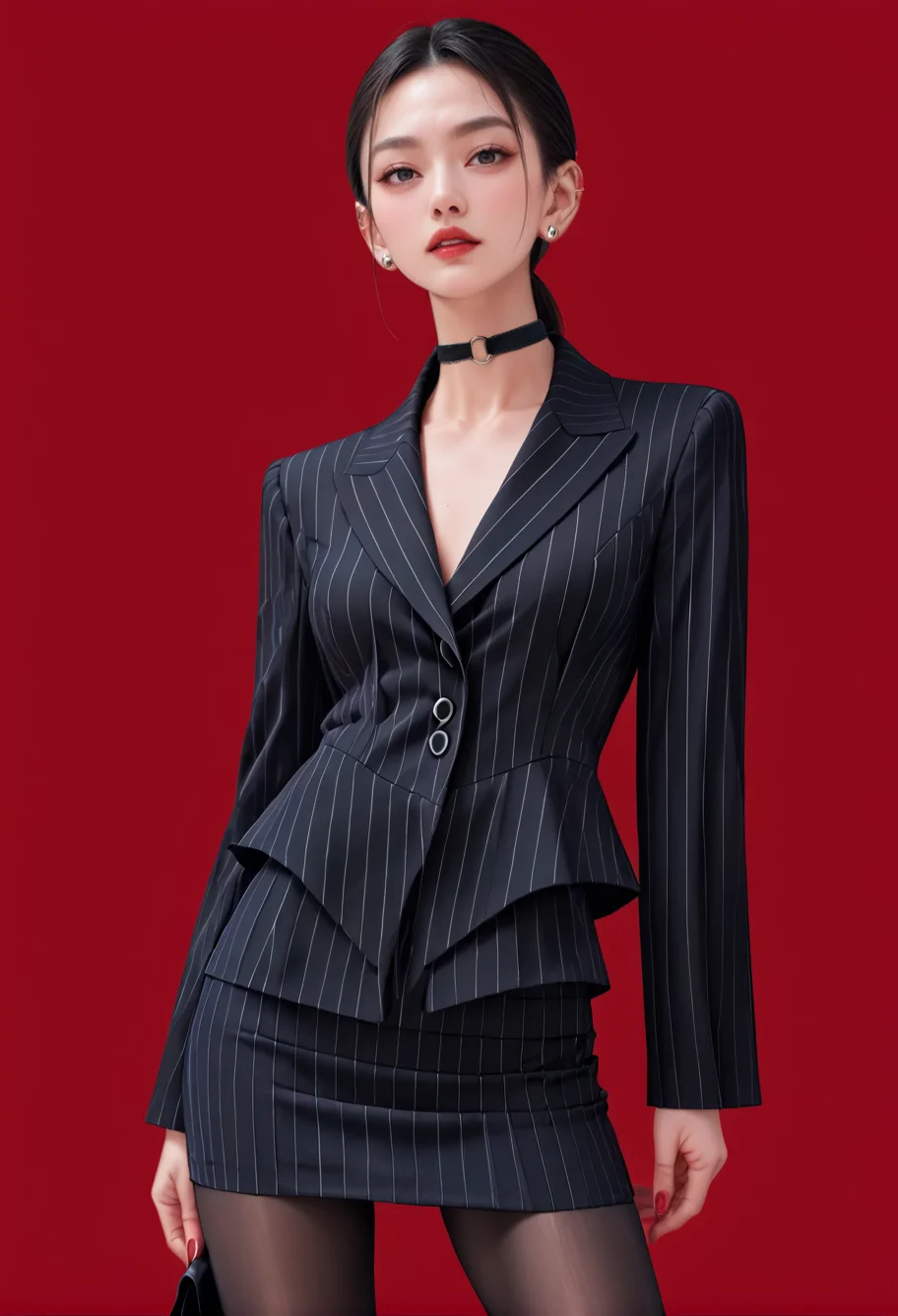 1girl,solo,red background,,ruanyi0856,skirt suit,striped jacket,choker,black pantyhose,striped,<lora:0856 OL professional suit skirt 1_v1_pony:1>, score_9,score_8_up,score_7_up,,8k,1girl,solo,,