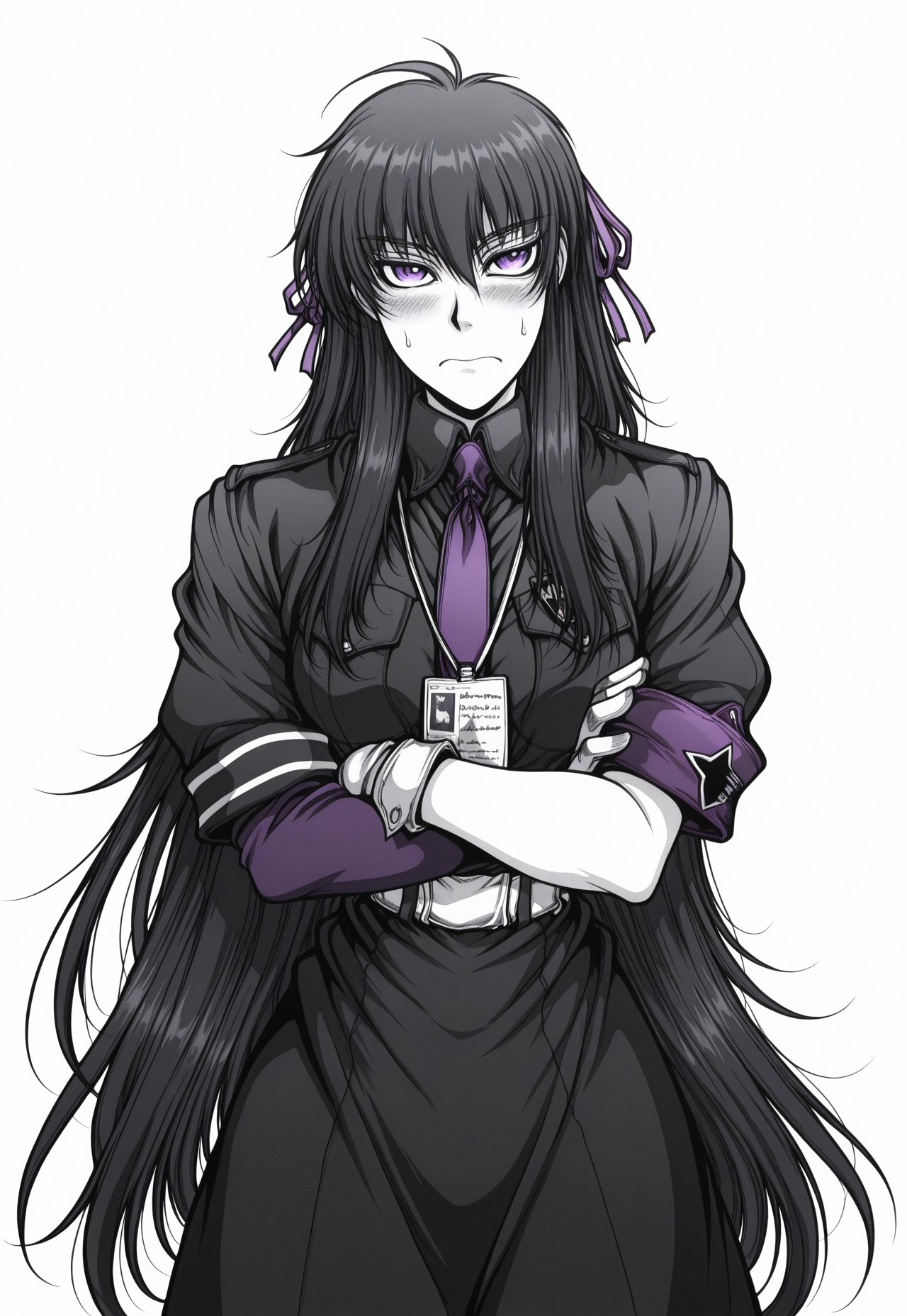 masterpiece, best quality, amazing quality, very aesthetic, absurdres, DriftersEASY, 1girl, solo, female focus, black hair, very long hair, ahoge, pink hair ribbons, purple eyes, pale skin, black frilled dress, asymmetrical sleeves, uneven sleeves, purple necktie, star \(symbol\), lanyard, white gloves, mismatched gloves, white sash, crossed arms, blush, frown, cowboy shot, looking at viewer, greyscale, monochrome,
