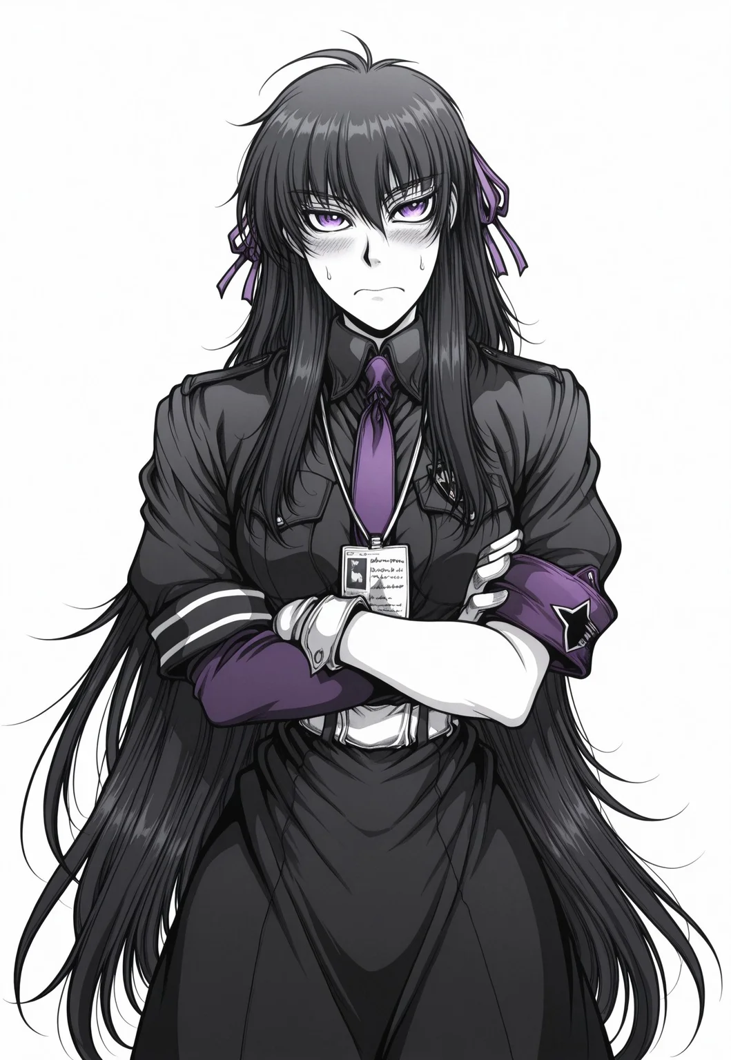 masterpiece, best quality, amazing quality, very aesthetic, absurdres, DriftersEASY, 1girl, solo, female focus, black hair, very long hair, ahoge, pink hair ribbons, purple eyes, pale skin, black frilled dress, asymmetrical sleeves, uneven sleeves, purple necktie, star \(symbol\), lanyard, white gloves, mismatched gloves, white sash, crossed arms, blush, frown, cowboy shot, looking at viewer, greyscale, monochrome,