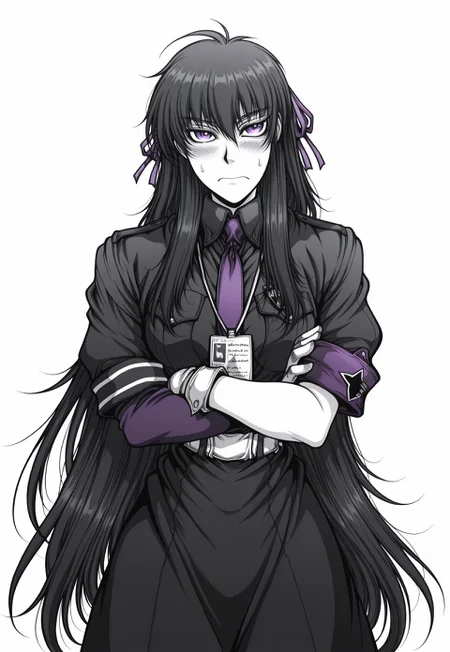 masterpiece, best quality, amazing quality, very aesthetic, absurdres, DriftersEASY, 1girl, solo, female focus, black hair, very long hair, ahoge, pink hair ribbons, purple eyes, pale skin, black frilled dress, asymmetrical sleeves, uneven sleeves, purple necktie, star \(symbol\), lanyard, white gloves, mismatched gloves, white sash, crossed arms, blush, frown, cowboy shot, looking at viewer, greyscale, monochrome,