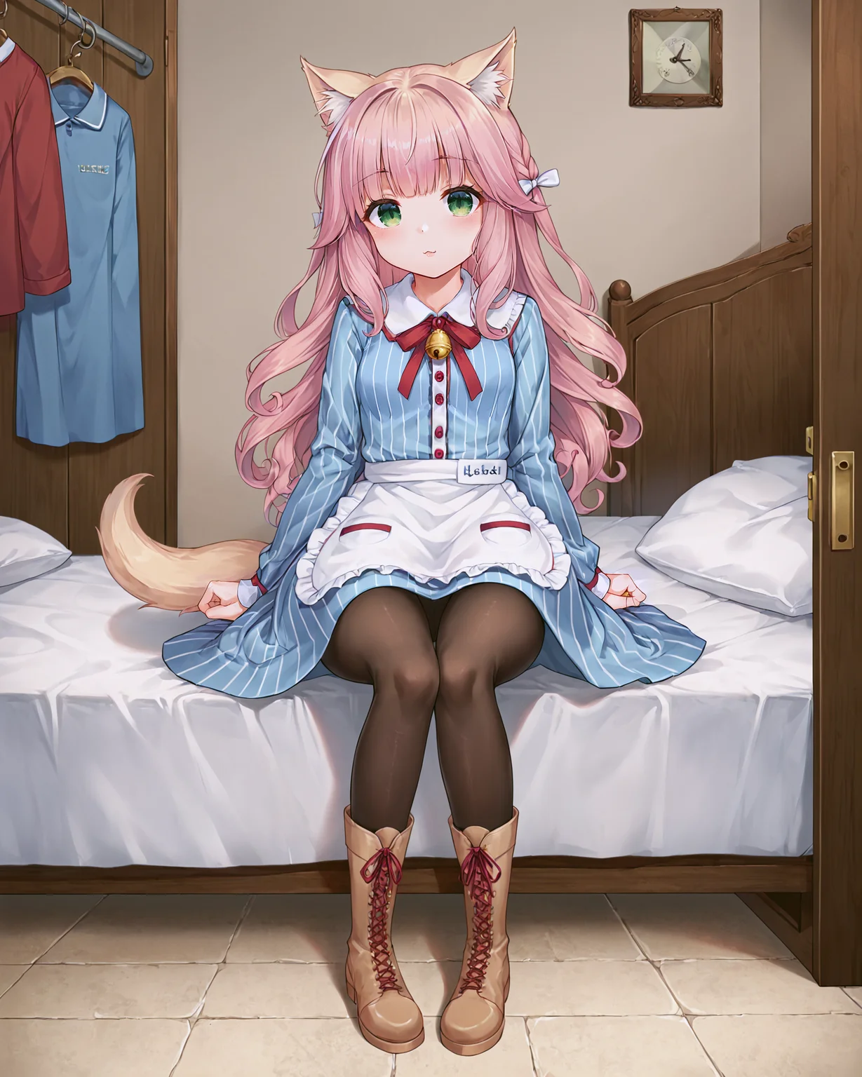 <lora:Neko_Fraise_XL:0.7> fraise, pink hair, bangs, blunt bangs, curly hair, green eyes, cat girl, cat ears, pointy cat ears, cat tail, hair ribbon, bell, ribbon, dress, blue dress, striped dress, vertical stripes, frills, striped, red ribbon, long sleeves, pocket, apron, waist apron, white apron, pantyhose, brown legwear, boots, knee boots, light brown footwear, cross-laced footwear, lace-up boots,, <lora:9_Detail_Tweaker_XL:0.8>, score_9, score_8_up, score_7_up, source_anime, masterpiece, best quality, highly detailed background, cinematic lighting, detailed eyes, perfect face,, lazy, teenager room, messy, bedroom, bed sheet, closet,
