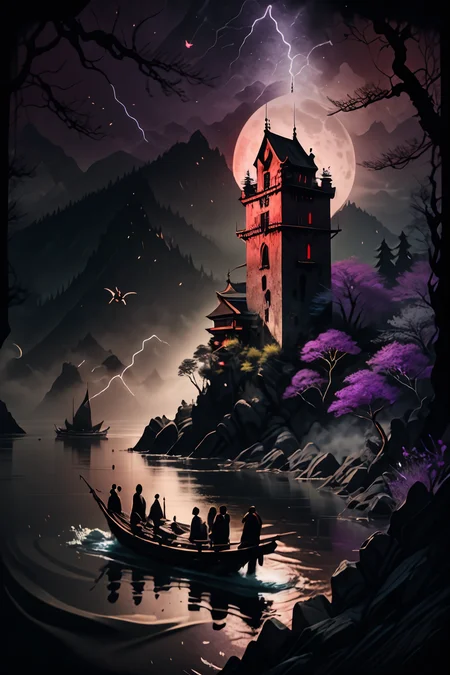 <lora:Calligraphy-ink-style-darquelilly-v1:1> calligraphyinkstyle, A medival vampire castle on a tower, surrounded by black and red roses that cover the entire landscape below the castle,mysterious magical atmosphere, volumetric lighting, night time, moonlight reflects in the water, black background, bats fly to the moon, everything is shrouded in violet mist, detail colour is purple, very dark lightning, <lora:dAIversity-LoRAtest-Photoreal-SD15-01:0.7>