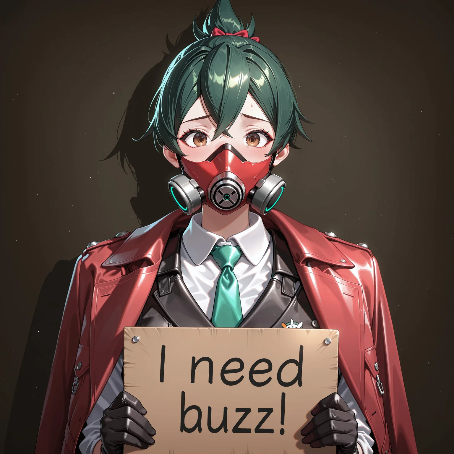score_9, score_8_up, score_7_up, score_6_up, anime, beautiful, stunning, masterpiece, best quality, amazing quality,
kiriko (overwatch), green hair, long hair, brown eyes,
need_buzz, holding sign, need_buzz,
solo, mask, long hair, shirt, white shirt, jacket, looking at viewer, black gloves, collared shirt, gloves, necktie, coat on shoulders, red coat, vest, 1girl, coat, upper body, jacket on shoulders , red jacket, black jacket, straight-on, respirator, black vest