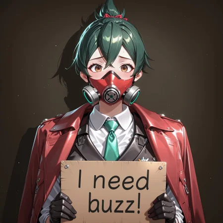 score_9, score_8_up, score_7_up, score_6_up, anime, beautiful, stunning, masterpiece, best quality, amazing quality,
kiriko (overwatch), green hair, long hair, brown eyes,
need_buzz, holding sign, need_buzz,
solo, mask, long hair, shirt, white shirt, jacket, looking at viewer, black gloves, collared shirt, gloves, necktie, coat on shoulders, red coat, vest, 1girl, coat, upper body, jacket on shoulders , red jacket, black jacket, straight-on, respirator, black vest