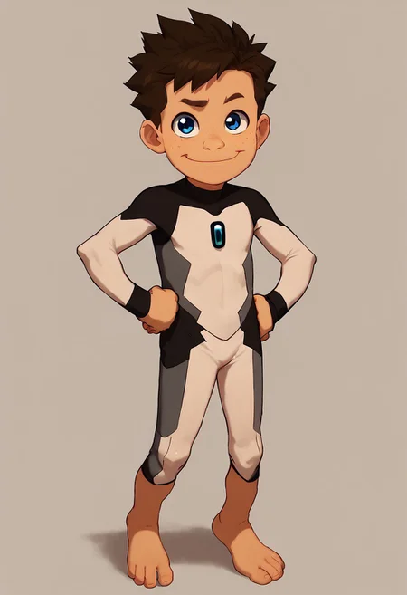 score_9, score_8_up, score_7_up,1boy, solo, cute boy, Koji, Blue Eyes, Brown Hair, Freckles, Bodysuit, Barefoot, hands on hips, smug smile, PONYXL_AlexRoss_ComicArt_ownwaifu
