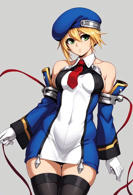 score_9, score_7_up, source_anime, source_cartoon, source_explicit, BREAK, absurdres, high quality, colorful, beautiful color, exquisite color design, aesthetic, illustration, 1girl, beauty, bb_noel, green eyes, blonde hair, short hair, beret, red necktie, armlet, detached sleeves, thighhighs, black thighhighs, ribbon, gloves, zettai ryouiki, bare shoulders, dress, short dress, collared dress, military uniform, black chest cover, white collar, short necktie, white gloves, bangs, short hair, green eyes simple background