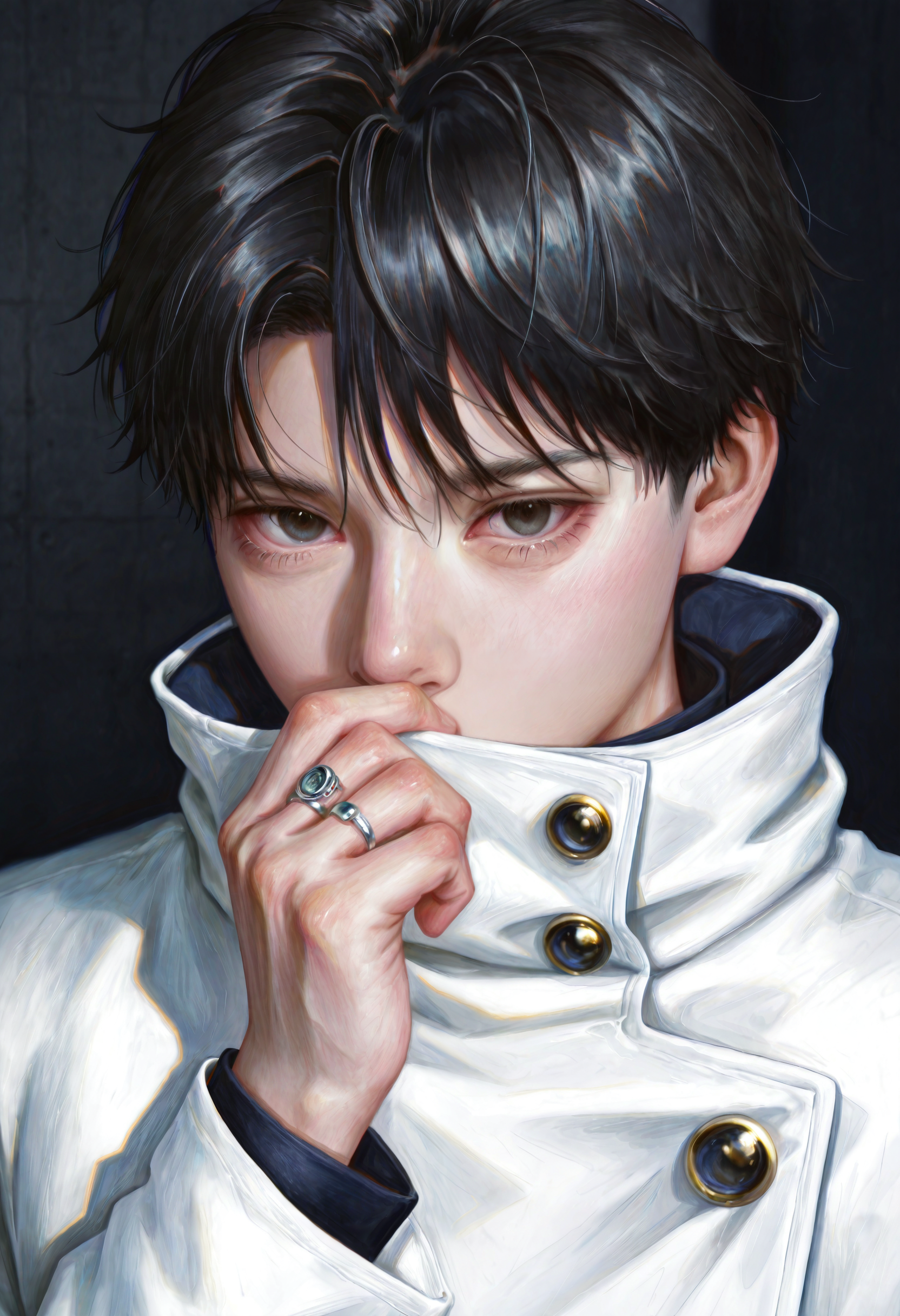 <lora:5p257uY55m95pyI5YWJ-illustriousXL_v01_V4-CAME-000035>, 5p2/57, realistic, 1boy, male focus, black hair, solo, white jacket, short hair, black eyes, looking at viewer, jacket, high collar, upper body, jujutsu tech uniform, hand up, ring, covering own mouth, covered mouth, school uniform