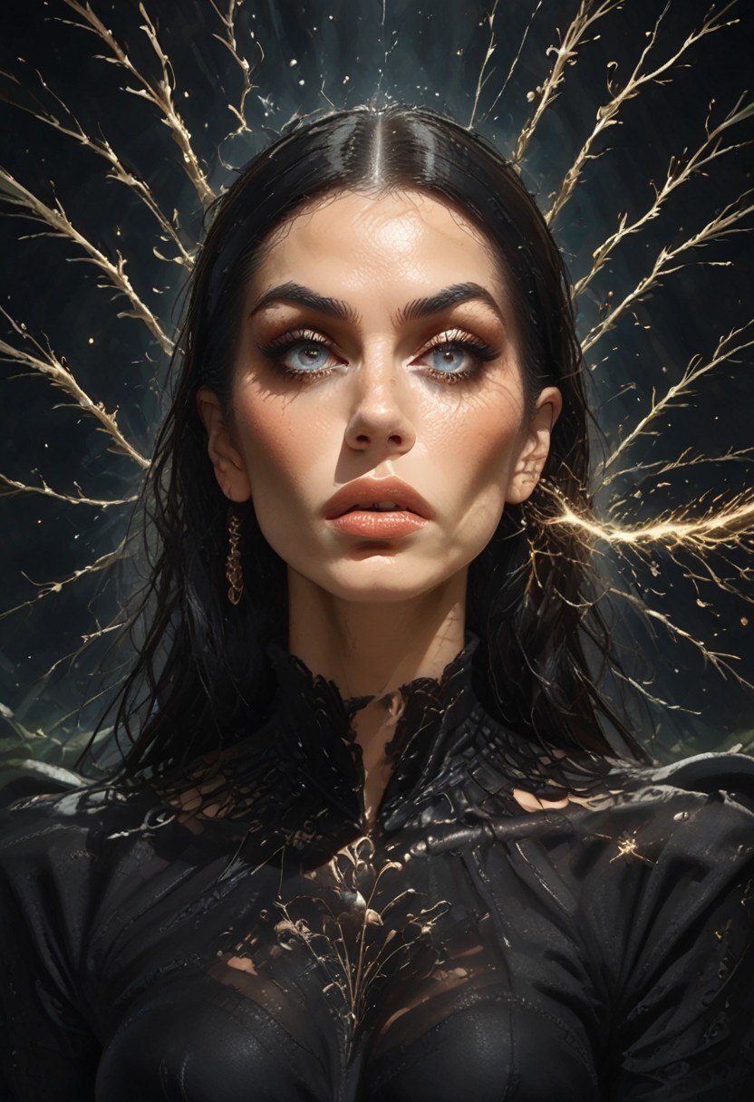 An old woman with sharp high cheekbones, a slender jawline, and a long, pointy aquiline nose that enhances her wicked demeanor. Thin, maliciously arched eyebrows frame large, almond-shaped eyes glowing faintly purple with an otherworldly aura, enhanced by long dark lashes. Her thin, elegantly curved lips, painted glossy black, exude mysterious allure. Smooth alabaster-like skin gives her an ethereal presence. black hair slicked back, streaked with shimmering silver, cut straight to her shoulders, tucked behind her ears, with stray strands lifting as if animated by magic. Faint glowing runes flicker along her hairline, while soft, swirling particles add a mystical glow.
She wears a black dress clinging to her lean frame, crafted from shimmering fabric shifting between black and emerald green under light. The bodice features glowing runes pulsing softly with magic, while the high neckline is adorned with delicate lace resembling spiderwebs. Long, billowing sleeves flare at the cuffs, releasing faint green mist. The flowing skirt reaches the ground, its tattered edges flickering with sparks like smoldering embers. Subtle glowing particles float around her, and her movements leave faint luminous trails. The dress radiates enchanting energy, perfectly complementing her commanding presence.
, 4esthet1c, Expressiveh