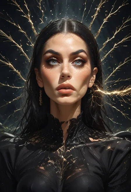 An old woman with sharp high cheekbones, a slender jawline, and a long, pointy aquiline nose that enhances her wicked demeanor. Thin, maliciously arched eyebrows frame large, almond-shaped eyes glowing faintly purple with an otherworldly aura, enhanced by long dark lashes. Her thin, elegantly curved lips, painted glossy black, exude mysterious allure. Smooth alabaster-like skin gives her an ethereal presence. black hair slicked back, streaked with shimmering silver, cut straight to her shoulders, tucked behind her ears, with stray strands lifting as if animated by magic. Faint glowing runes flicker along her hairline, while soft, swirling particles add a mystical glow.
She wears a black dress clinging to her lean frame, crafted from shimmering fabric shifting between black and emerald green under light. The bodice features glowing runes pulsing softly with magic, while the high neckline is adorned with delicate lace resembling spiderwebs. Long, billowing sleeves flare at the cuffs, releasing faint green mist. The flowing skirt reaches the ground, its tattered edges flickering with sparks like smoldering embers. Subtle glowing particles float around her, and her movements leave faint luminous trails. The dress radiates enchanting energy, perfectly complementing her commanding presence.
, 4esthet1c, Expressiveh