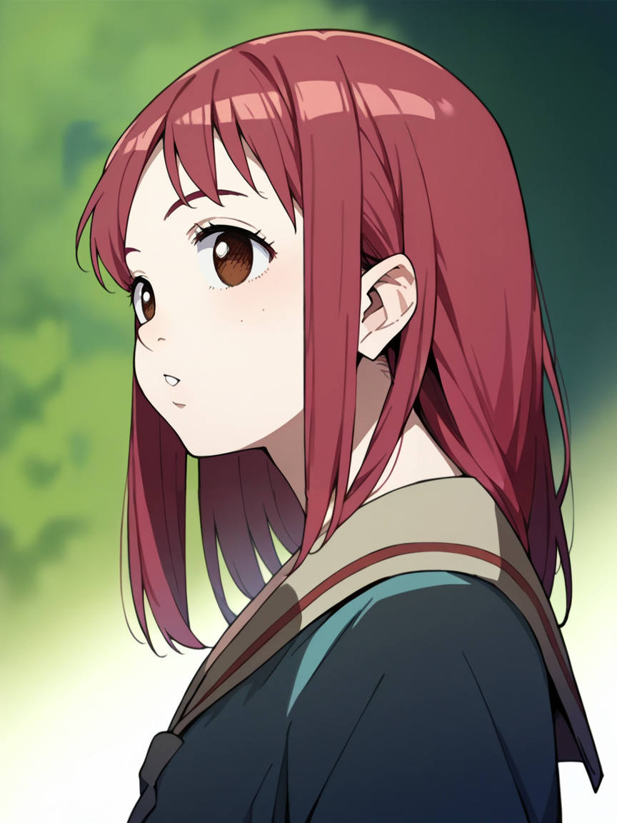 score_9, score_8_up, score_7_up, score_6_up, score_5_up, 1girl, red hair,  <lora:FLCLXLP:1> flcl, brown eyes, school uniform