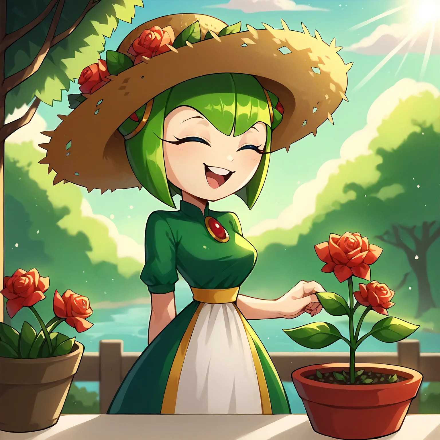 score_9, score_8_up, score_7_up, score_6_up, score_5_up, score_4_up, rating_safe, source_furry, straw hat, summer hat, , eyes closed, humming, happy, summer day, tree, leaf, cloud, foreground, ambient silhouette, backlighting, detailed background, depth of field, garden, (gardening, watering flowers,:1.3) watering can, (portrait:1.5), wide hips, thin waist, athletic, flat stomach, lean, medium breasts, <lora:Cosmo_V2_epoch_3:1>, cosmotheseediran, greenflowerdress, plant, flora fauna, elemental creature, blue eyes, green hair