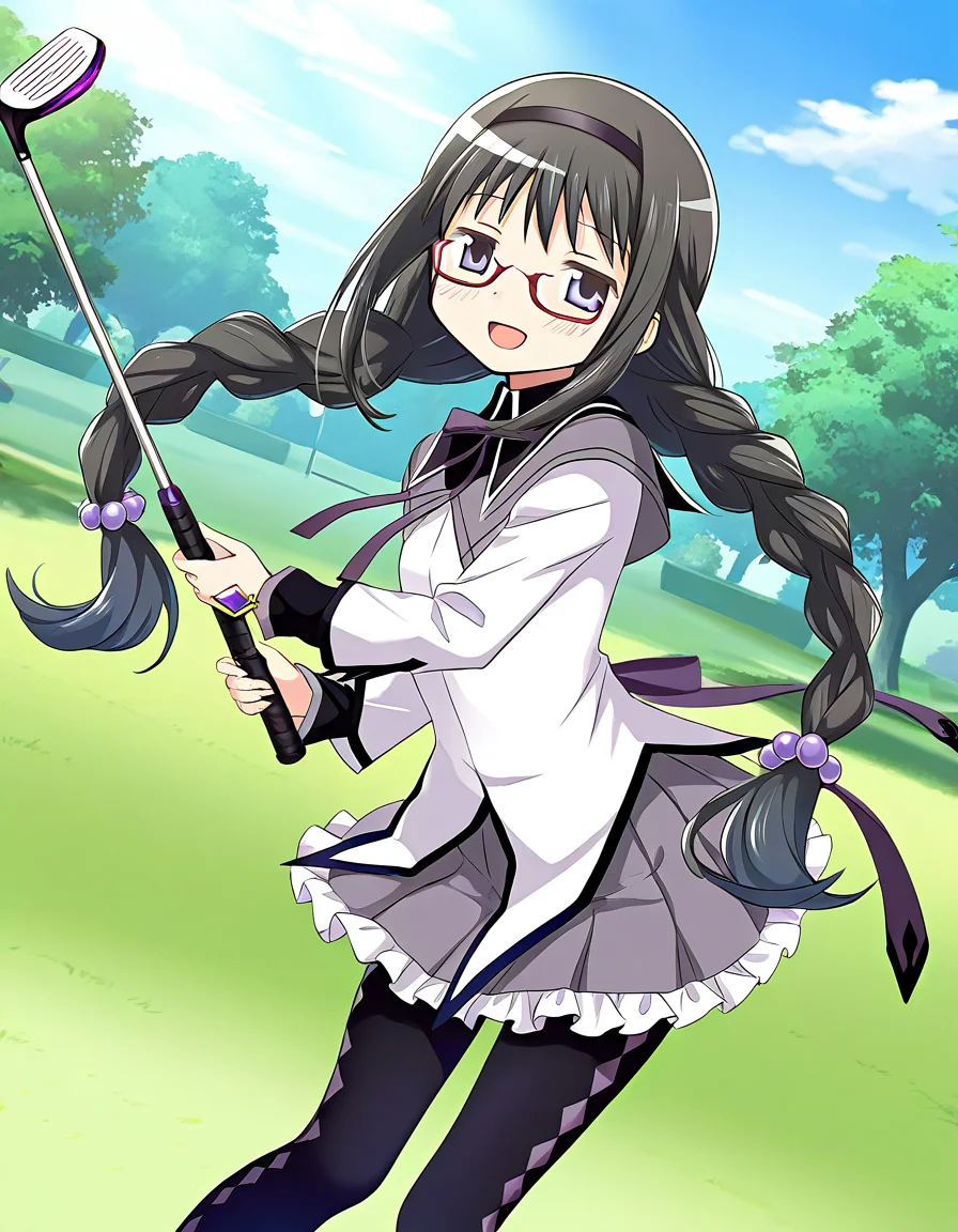 masterpiece, best quality, newest, absurdres, highres, safe, 1girl, akemi homura, magia record: mahou shoujo madoka magica gaiden, glasses, twin braids, holding golf club, smile, open mouth, solo, grass, day, dutch angle, <lora:20241226152250_akemi_homura_noobaiXLNAIXL_vPred10Version:0.7>