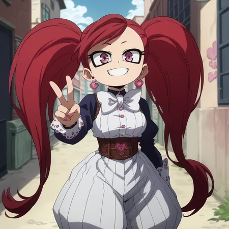 <lora:SlimesLaBrava:1>, score_9, score_8_up, score_7_up, slimes_labrava, 1girl, portrait, twintails, red hair, waist up shot, peace handsign, smiling, alley background