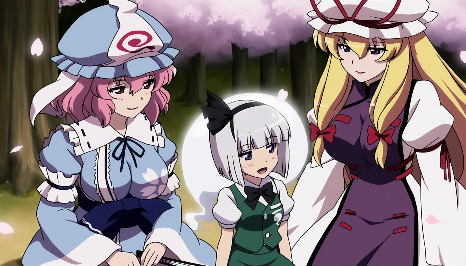 masterpiece,best quality,<lora:tgm-noob05:1>,anime coloring,anime screencap,
multiple girls,mob cap,yakumo yukari,hat,saigyouji yuyuko,pink hair,konpaku youmu,3girls,blonde hair,cherry blossoms,ribbon,white hair,short hair,bow,long sleeves,open mouth,triangular headpiece,dress,closed eyes,long hair,purple eyes,smile,wide sleeves,tabard,hand fan,japanese clothes,pink eyes,black bow,sitting,hat ribbon,folding fan,red ribbon,hair ribbon,white headwear,vest,kimono,tree,short sleeves,frills,bowtie,green vest,black ribbon,bangs,white dress,hair bow,blue headwear,holding,black hairband,blush,hairband,looking at another,holding fan,blue kimono,black bowtie,folded fan,shirt,sash,white shirt,petals,sidelocks,red bow,hitodama,skirt,outdoors,obi,konpaku youmu (ghost),red eyes,sleeping,tress ribbon,hair between eyes,:d,neck ribbon,bob cut,blunt bangs,sleeve garter,
