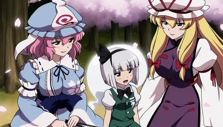 masterpiece,best quality,<lora:tgm-noob05:1>,anime coloring,anime screencap,
multiple girls,mob cap,yakumo yukari,hat,saigyouji yuyuko,pink hair,konpaku youmu,3girls,blonde hair,cherry blossoms,ribbon,white hair,short hair,bow,long sleeves,open mouth,triangular headpiece,dress,closed eyes,long hair,purple eyes,smile,wide sleeves,tabard,hand fan,japanese clothes,pink eyes,black bow,sitting,hat ribbon,folding fan,red ribbon,hair ribbon,white headwear,vest,kimono,tree,short sleeves,frills,bowtie,green vest,black ribbon,bangs,white dress,hair bow,blue headwear,holding,black hairband,blush,hairband,looking at another,holding fan,blue kimono,black bowtie,folded fan,shirt,sash,white shirt,petals,sidelocks,red bow,hitodama,skirt,outdoors,obi,konpaku youmu (ghost),red eyes,sleeping,tress ribbon,hair between eyes,:d,neck ribbon,bob cut,blunt bangs,sleeve garter,