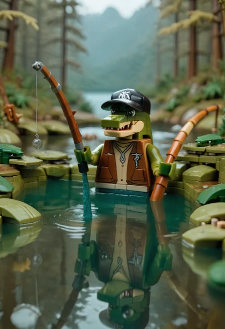 absurdres, highly-detailed, best quality, masterpiece, very aesthetic, amazing quality, l3g0, 1boy, solo, crocodile, muscular, fishing, holding, fishing rod, swamp, baseball cap, partially submerged, vest
