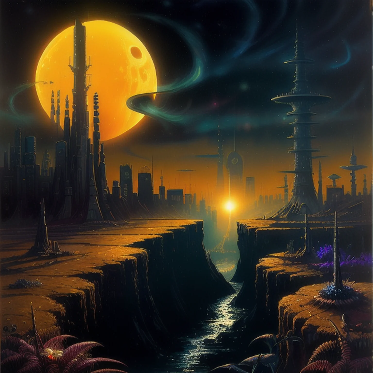 <lora:CosmicLandscapes:0.7>, CosmicLandscapes, ((retro)), ((painting of an alien landscape)), ((chasm)), (yellow sky), ((black hole)), ((thin atmosphere)), ((alien plants)), ((futuristic city)), ((tall spires)), chiaroscuro, beautifully lit, cinematic lighting, dramatic lighting, natural lighting, naturalism, ((golden ratio)), detailed, 8K, by Bruce Pennington, Danny Flynn <lora:theovercomer8sContrastFix_sd15:0.6>, by alexi zaitsev, by Antoine Blanchard, by Brent Heighton, by Jeremy Mann