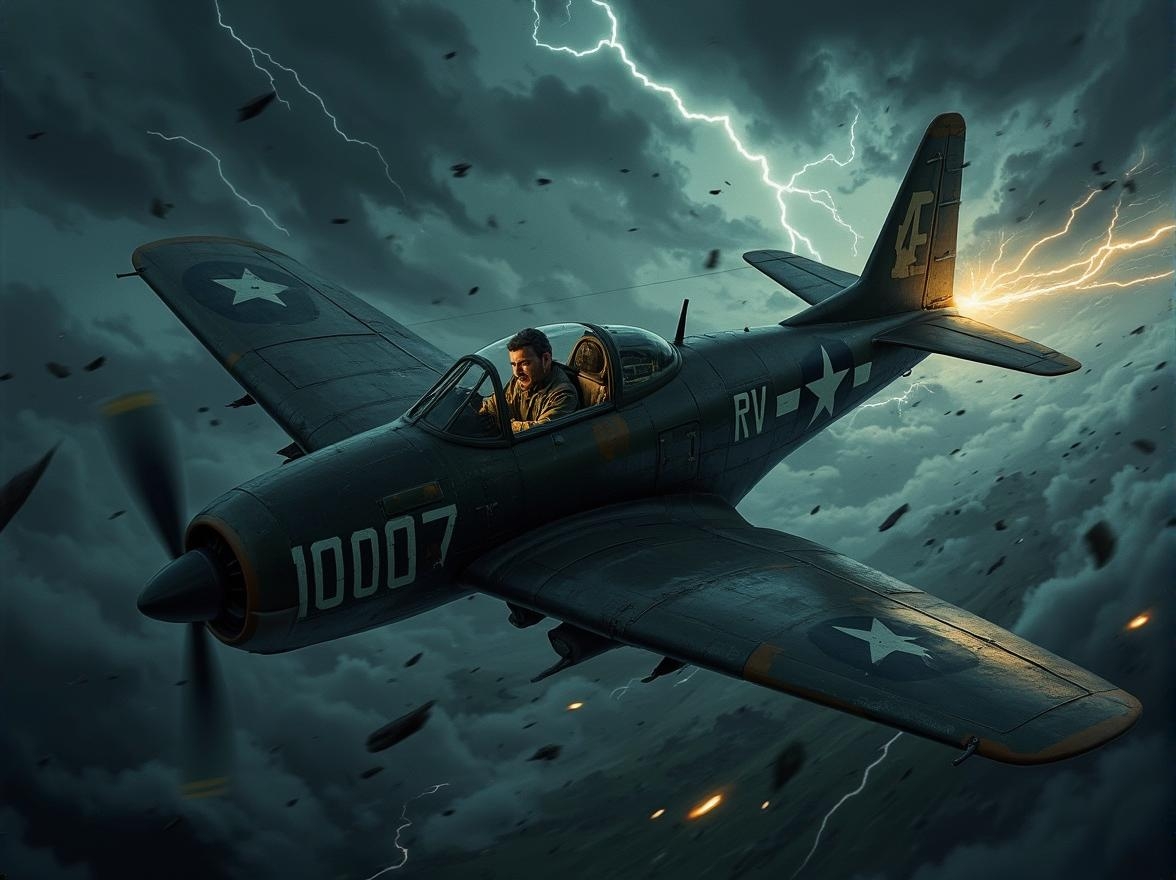 <lora:ocxdjm-flux1d-lora.safetensors:1> ocxdjm style
In the tempestuous skies above a storm-lashed landscape, a vintage Grumman T-11 Jetstar hurtles through the air, its form a blur of dark and light. The aircraft, emblazoned with military markings and trailing the numbers "110" and "R4117," is caught in a moment of sheer terror. The sense of frantic, uncontrolled movement is palpable, as though the very fabric of the world is being torn apart by the currents of a violent storm.
Lightning flashes intermittently, casting flickering, distorted shadows that dance across the plane's fuselage. The edges of the aircraft are blurred, as if the camera is struggling to keep up with its breakneck speed. Debris—pieces of metal, broken branches, and swirling leaves—flies through the air, adding to the chaos. The stormy sky, a tumultuous mix of black and grey, looms overhead, threatening to engulf everything in its path.
Inside the cockpit, a pilot, a middle-aged man with a rugged appearance and a weathered uniform, grips the controls with a desperate intensity. His face, tense and concentrated, is illuminated by the sporadic flashes of lightning. The cabin itself is a whirlwind of activity, with instruments flickering and alarms blaring, heightening the sense of urgency and fear.
The scene is one of unpredictability and intense emotion, where every element contributes to the overwhelming sense of chaos. The viewer is drawn into the heart of the action, feeling the alarm and urgency that permeate the air, as if they too are caught in the midst of this terrifying storm.