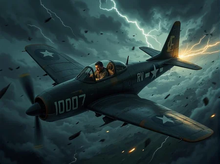 <lora:ocxdjm-flux1d-lora.safetensors:1> ocxdjm style
In the tempestuous skies above a storm-lashed landscape, a vintage Grumman T-11 Jetstar hurtles through the air, its form a blur of dark and light. The aircraft, emblazoned with military markings and trailing the numbers "110" and "R4117," is caught in a moment of sheer terror. The sense of frantic, uncontrolled movement is palpable, as though the very fabric of the world is being torn apart by the currents of a violent storm.
Lightning flashes intermittently, casting flickering, distorted shadows that dance across the plane's fuselage. The edges of the aircraft are blurred, as if the camera is struggling to keep up with its breakneck speed. Debris—pieces of metal, broken branches, and swirling leaves—flies through the air, adding to the chaos. The stormy sky, a tumultuous mix of black and grey, looms overhead, threatening to engulf everything in its path.
Inside the cockpit, a pilot, a middle-aged man with a rugged appearance and a weathered uniform, grips the controls with a desperate intensity. His face, tense and concentrated, is illuminated by the sporadic flashes of lightning. The cabin itself is a whirlwind of activity, with instruments flickering and alarms blaring, heightening the sense of urgency and fear.
The scene is one of unpredictability and intense emotion, where every element contributes to the overwhelming sense of chaos. The viewer is drawn into the heart of the action, feeling the alarm and urgency that permeate the air, as if they too are caught in the midst of this terrifying storm.