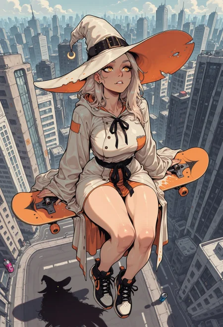 score_9, score_8_up, score_7_up, masterpiece, best quality, very aesthetic, detailed face, (dynamic:1.1), incoth, (incase:0.6), 1girl, witch, (huge brimhat:1.1), mage, patched robes, streetwear, casting, platinum blonde hair, golden eyes, shadow, d41z3n, curvy, sitting on flying skateboard, city, spray paint, skater girl, fabric patches, teared clothes, from above, dangling legs, high up