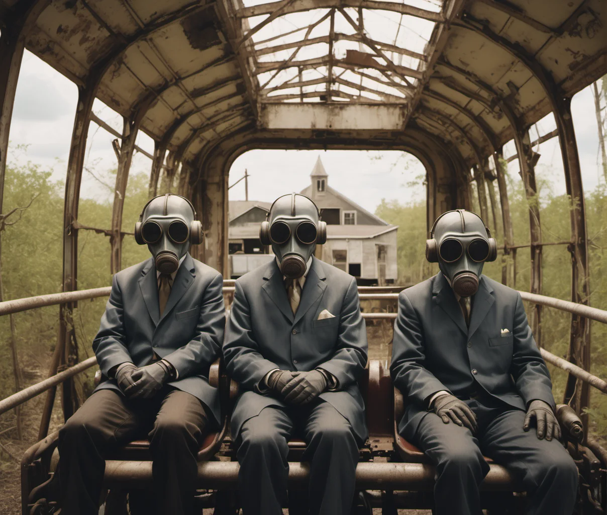 grbtw artstyle, a couple riding a rollercoaster in an abandoned theme park in New Orleans. Sunny day. <lora:SDXL Grab-Bag-2 - Gasmask Guys - Trigger is grbtw artstyle:1>