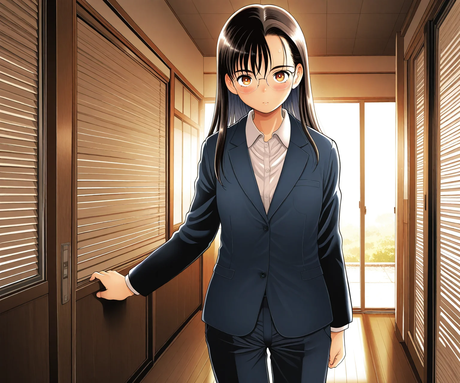 masterpiece, best quality, amazing quality, sfw, 1girl, solo, business suit, pants, looking at viewer, standing, <lora:Tsukiyoshi Hiroki style ILL-v2:1> tsukiyoshihiroki