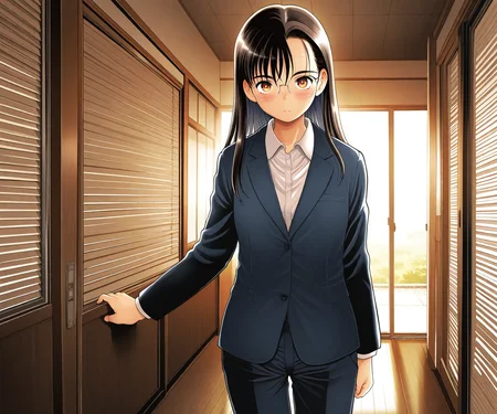 masterpiece, best quality, amazing quality, sfw, 1girl, solo, business suit, pants,   looking at viewer,  standing, <lora:Tsukiyoshi Hiroki style ILL-v2:1> tsukiyoshihiroki