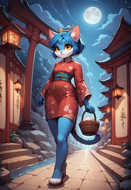 masterpiece, high resolution, high detail, highly detailed, cute girl, Audr3yc4t, blue anthro cat, blue fur, blue hair, ponytail, score_9, score_8_up, score_7_up, score_6_up, hyattlen, fFaceDetail, detailed eyes, 1girl, solo, big bright eyes, cat tail, innocent look, hair up, closed mouth, makeup, bottom lip, wearing kimono, flower pattern, wearing sandles, large bow, low angle, walking, holding basket, rock, large bonsai tree, sand, zen garden, lantern, night, moon, water, shrine, pagoda, insense, smoke, moon, high angle, torii gate, stairs,