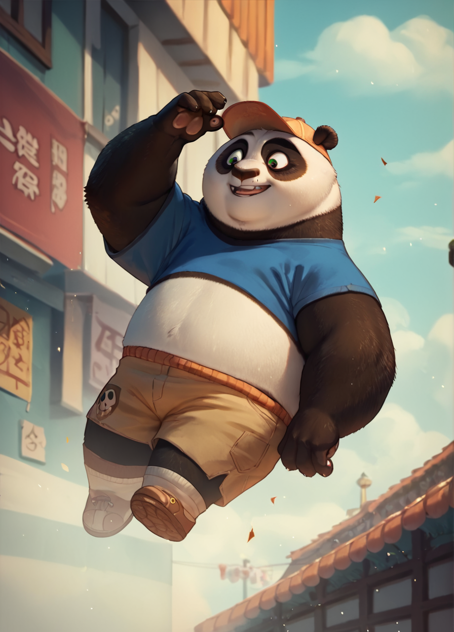 score_9, score_8_up, score_7_up, score_6_up, score_5_up, score_4_up, PO panda with a blue shirt and cap, KFP1,  <lora:po_kfp1:1>