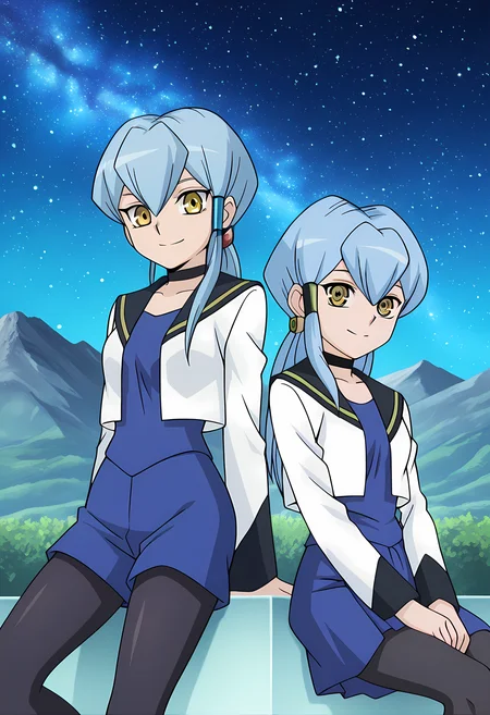 masterpiece,best quality,amazing quality,
2girls,
(1girl, Jillian & Sharlene (Cardfight Vanguard), jillian chen, long hair, blue hair, hair tubes, sidelocks, ponytail, choker, yellow eyes, sharp eyes, school uniform, jacket, long sleeves, blue skirt, black pantyhose),
(1girl, Jillian & Sharlene (Cardfight Vanguard), sharlene chen, long hair, blue hair, hair tubes, left sidelocks, ponytail, choker, yellow eyes, school uniform, jacket, long sleeves, blue shorts, black pantyhose),
BREAK
cinematic, looking at viewer, smile,
Sit, leaning back, with two arms,
bloom, night, at mountain, greenery, galaxy sky,
Official style, anime screencap, anime coloring,
