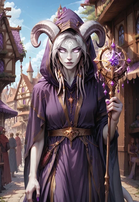 (absurdres, best quality, masterpiece:1.4), score_9, score_8_up, score_7_up, score_6_up, detailed, detailed body, detailed face, world of warcraft, fantasy, 

culDraenei, purple eyes, no sclera, no pupils, athletic, tall, slim, pale skin, grey skin, long tail, long ears,  

sorcerer, wand, magic, 

upper body, 

outdoors, fantasy village, ((multiple crowds, human, varied clothing))