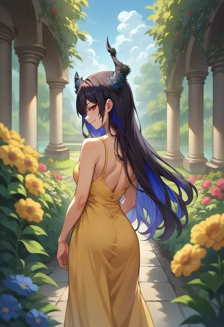 score_9, score_8_up, score_7_up, source_anime, 1girl, solo, NerissaRavencroft, colored inner hair, black hair, blue hair, red eyes, slit pupils, uneven horns, long hair, from behind, yellow sundress, garden, day, sunshine, smile, looking back, <lora:ChamNerissaRavencroftPonyXL:1>