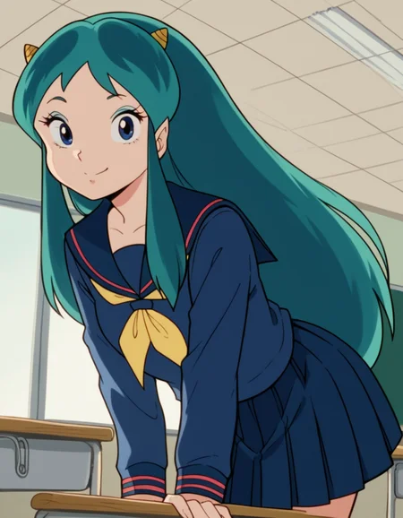 score_9, score_8_up, score_7_up, source_anime,
uruseilum, <lora:lum-class-studio-pierrot-ponyxl-lora-nochekaiser:1>
lum, long hair, bangs, blue hair, blue eyes, horns, pointy ears, aqua hair, oni horns, eyeshadow,
shirt, long sleeves, school uniform, serafuku, sailor collar, neckerchief, yellow neckerchief, shirt, blue shirt, blue sailor collar, blue skirt,
indoors, classroom, bent over, smile,
looking at viewer, dutch angle, cowboy shot, solo,