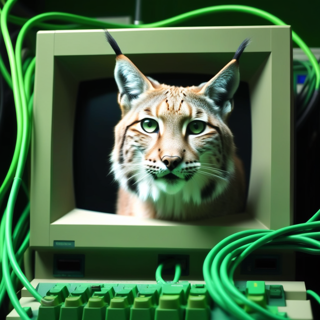 lynx, chewing on cable, mainframe, green crt, computer terminal, cable mess, knobs, mntnnc_md_plz_stand_by