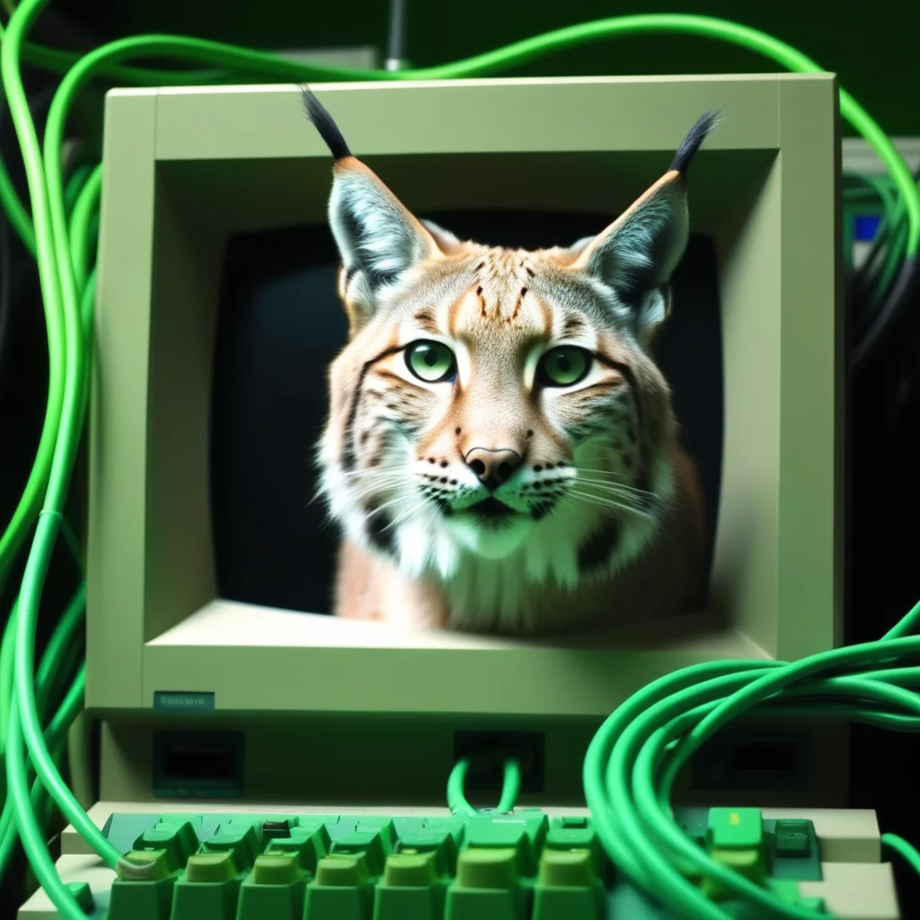 lynx, chewing on cable, mainframe, green crt, computer terminal, cable mess, knobs, mntnnc_md_plz_stand_by