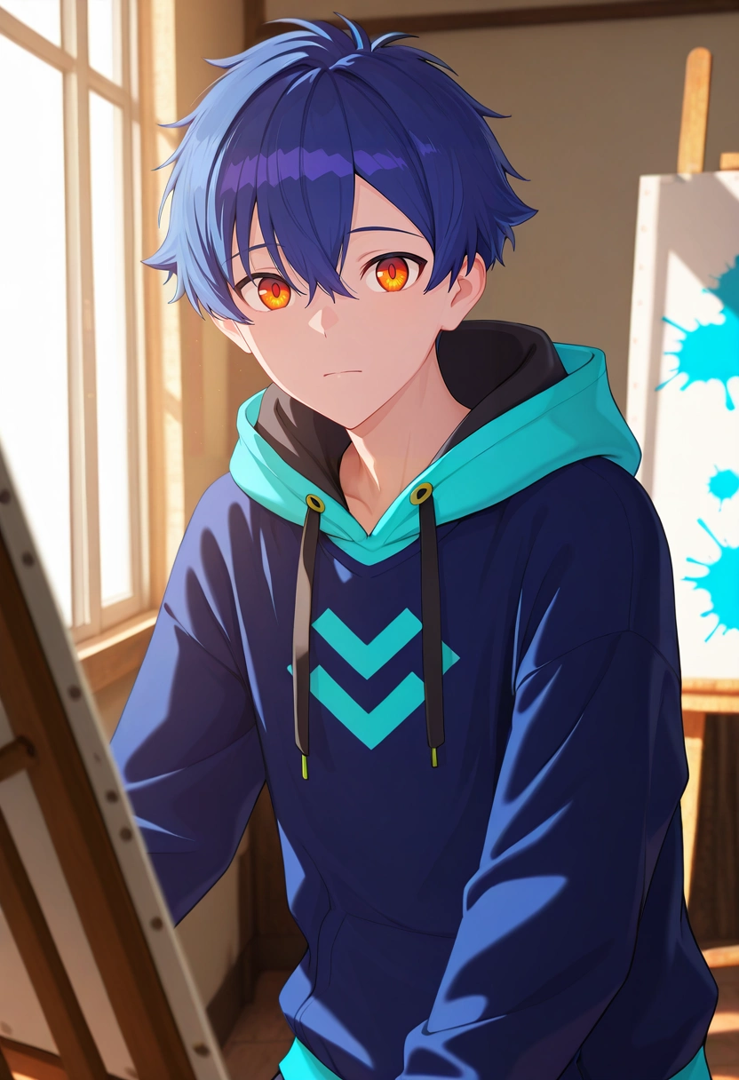 masterpiece, best quality, , (3d:0.4), looking at viewer, 1boy, solo, male focus, <lora:yomogi_asanaka_ilxl:0.92>, yomogi_asanaka, blue hair, orange eyes, short hair, bangs, hair between eyes, , hoodie, art studio, canvas, paint splatters, easel, painting pose, focused expression, afternoon light from window,