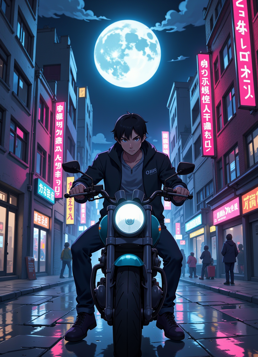 Flat colour anime style image showing a cyberpunk city viewed from street level, with buildings, at night, with a bright full moon, pink and blue neon lighting shines. side on view of a man sitting on a motorcyle facing towards the camera with a serious look on his face.